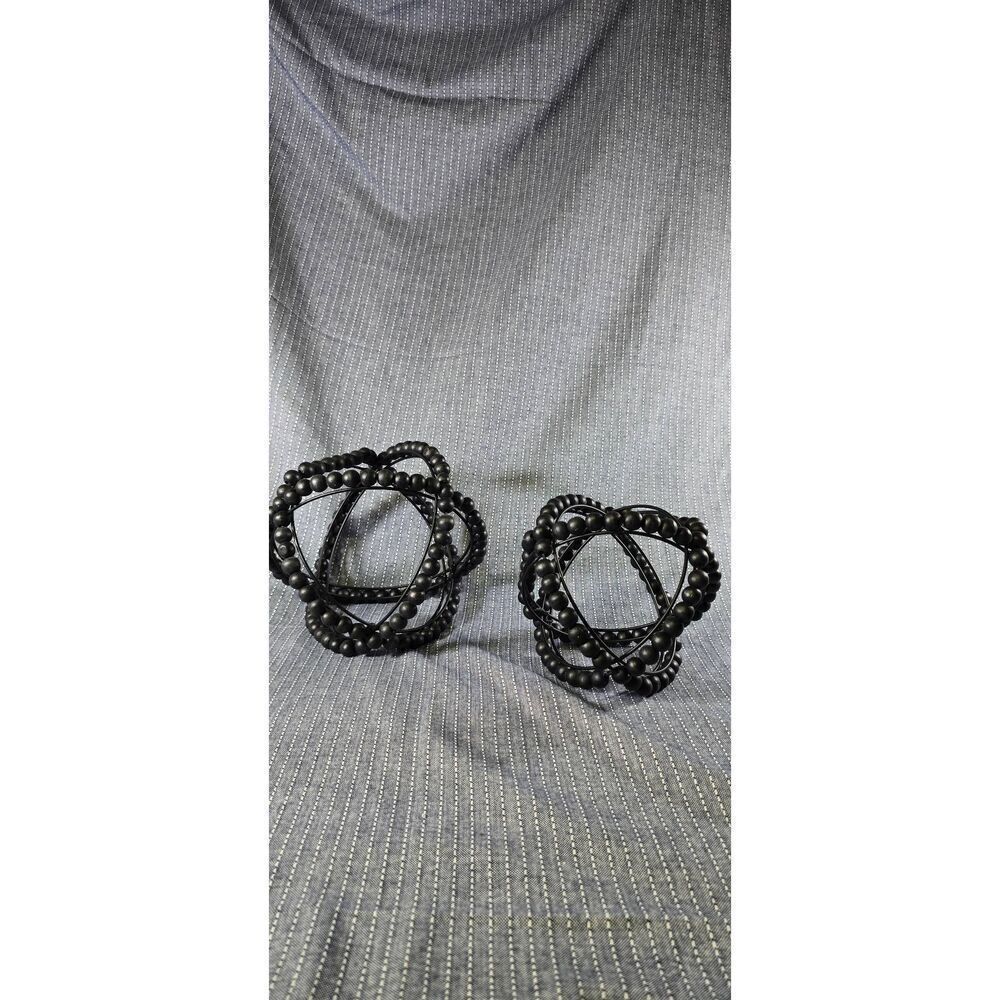 2 Black Wooden Bead & Metal Orb Sculptures